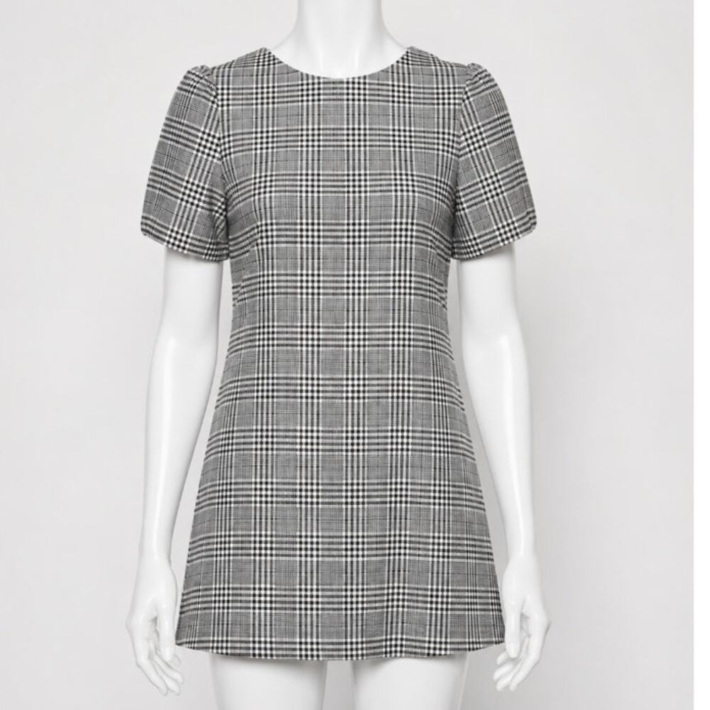 Zara Cute Gingham Plaid Shift Dress Short Sleeve Small Black and White Small